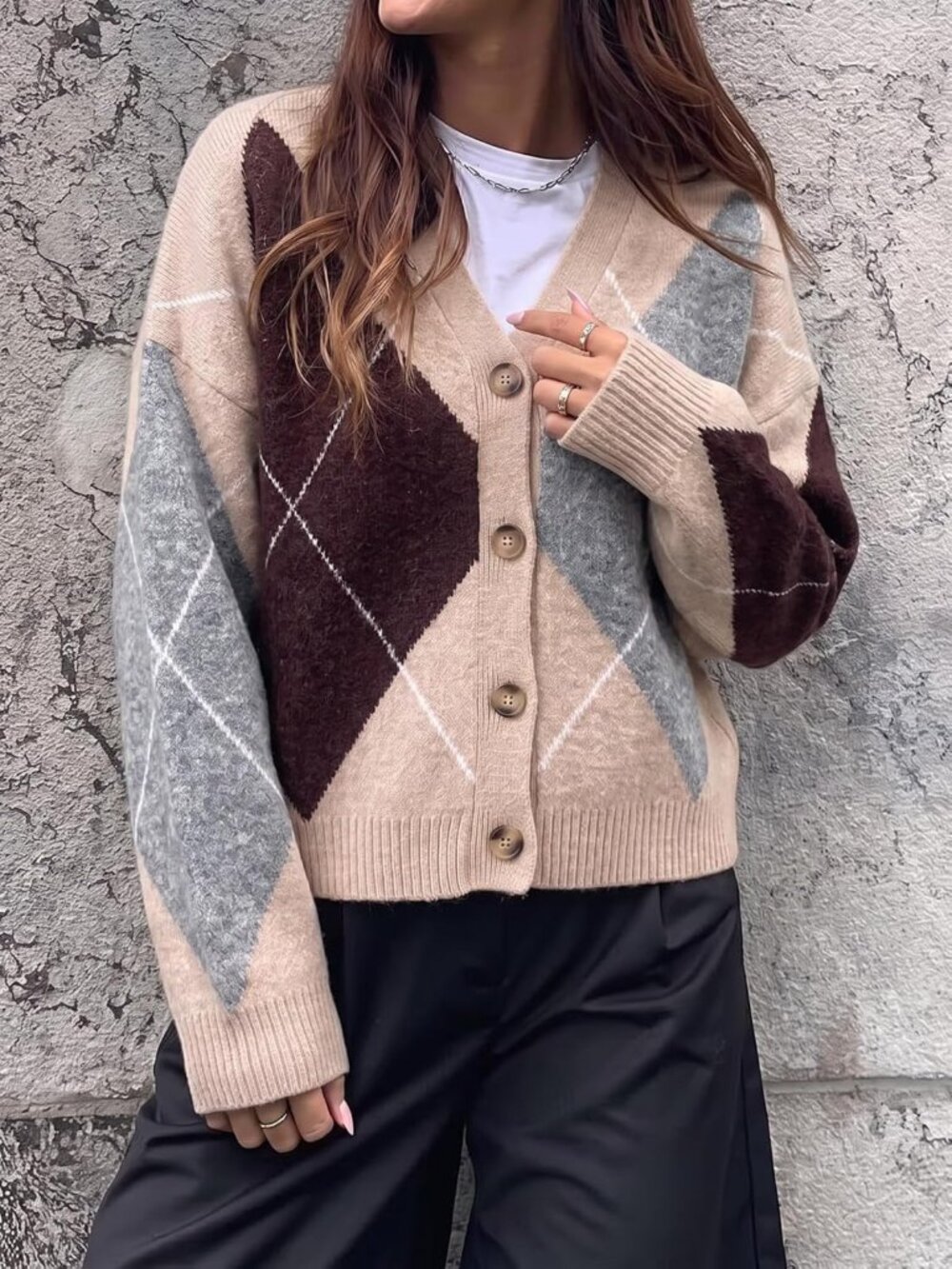 Plaid Color Block Long Sleeve Cardigan Sweater for Women - V Neck Knit Top - Picture 4 of 6